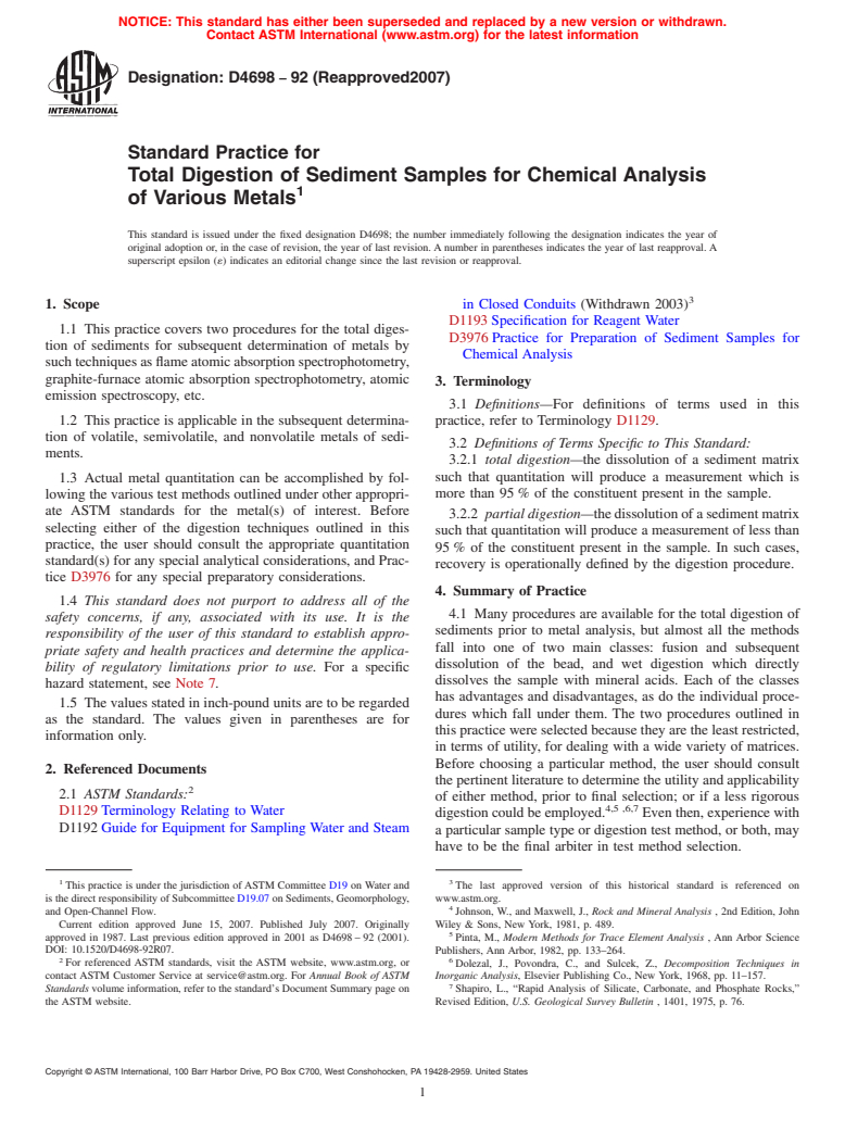 ASTM D4698-92(2007) - Standard Practice for Total Digestion of Sediment Samples for Chemical Analysis of Various Metals