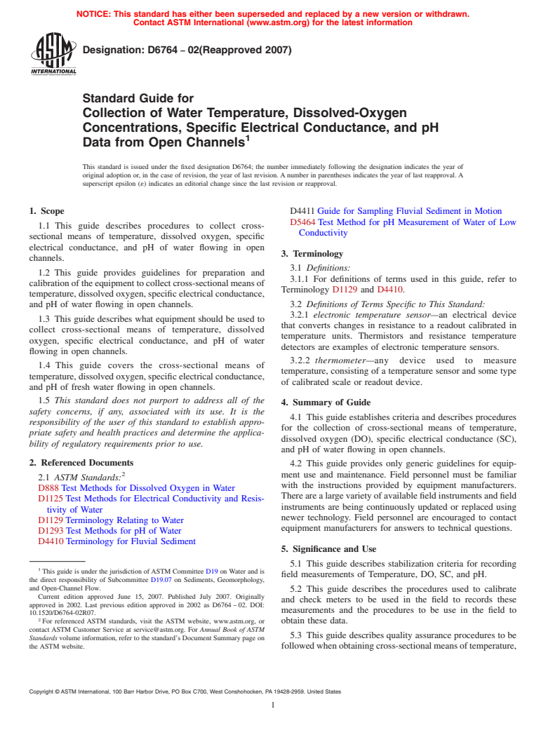 ASTM D6764-02(2007) - Standard Guide for Collection of Water Temperature, Dissolved-Oxygen Concentrations, Specific Electrical Conductance, and pH Data from Open Channels