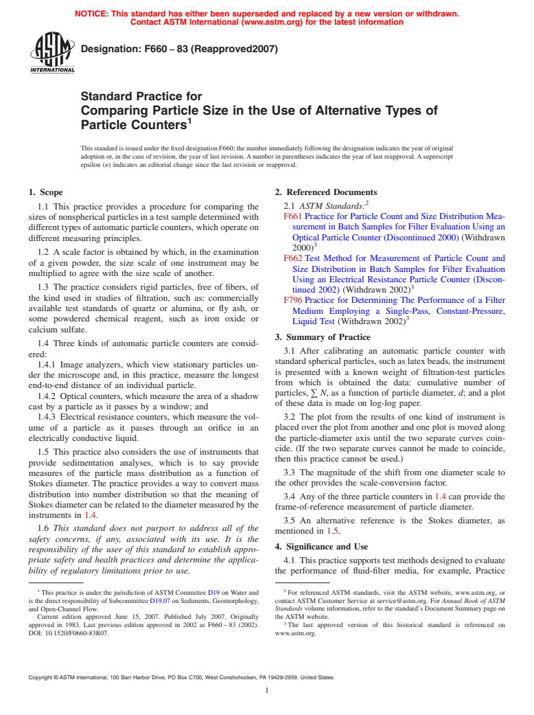 ASTM F660-83(2007) - Standard Practice for Comparing Particle Size in the Use of Alternative Types of Particle Counters