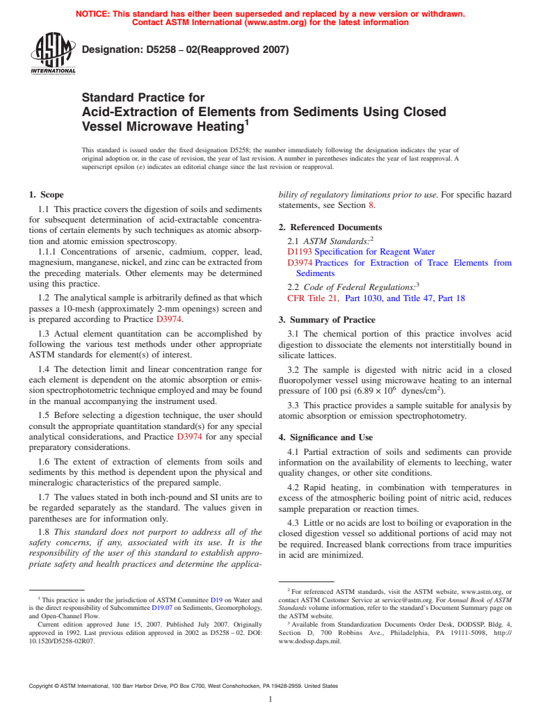 ASTM D5258-02(2007) - Standard Practice for Acid-Extraction of Elements from Sediments Using Closed Vessel Microwave Heating