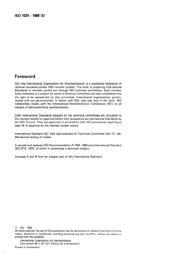 ISO 1024:1989 ISO 1024:1989 - Metallic materials -- Hardness test -- Rockwell superficial test (scales 15N, 30N, 45N, 15T, 30T and 45T) - Page 2 preview