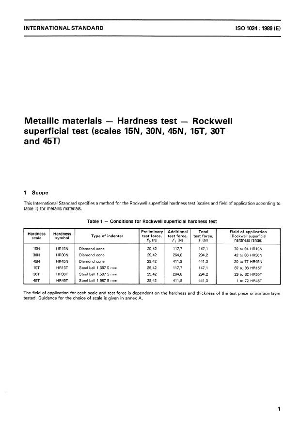 ISO 1024:1989 - Metallic materials -- Hardness test -- Rockwell superficial test (scales 15N, 30N, 45N, 15T, 30T and 45T)