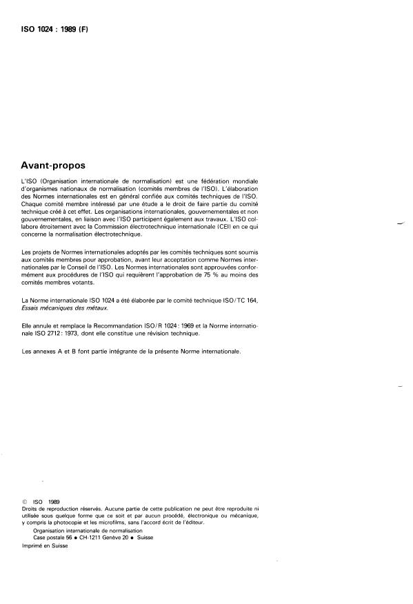 ISO 1024:1989 ISO 1024:1989 - Matériaux métalliques -- Essai de dureté -- Essai superficiel Rockwell (échelles 15N, 30N, 45N, 15T, 30T et 45T) - Page 2 preview