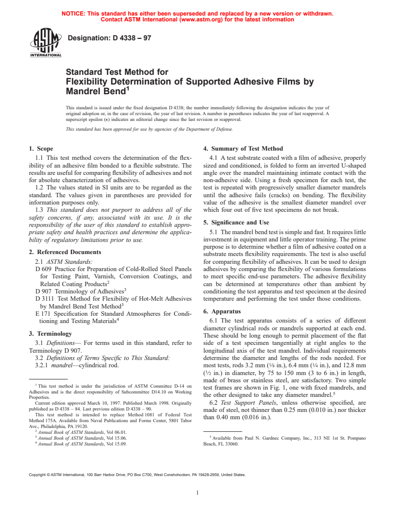 ASTM D4338-97 - Standard Test Method for Flexibility Determination of Supported Adhesive Films by Mandrel Bend