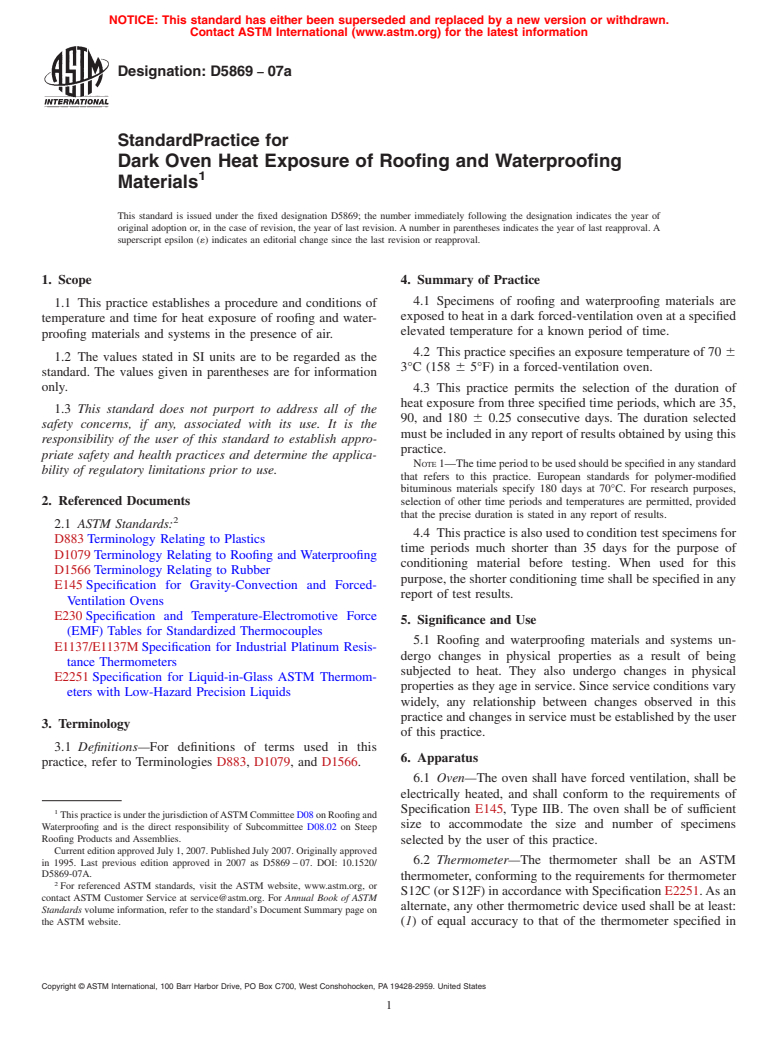 ASTM D5869-07a - Standard Practice for Dark Oven Heat Exposure of Roofing and Waterproofing Materials