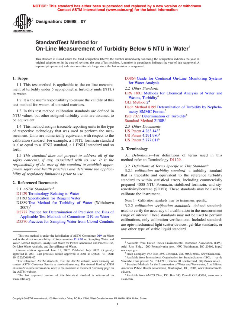 ASTM D6698-07 - Standard Test Method for On-Line Measurement of Turbidity Below 5 NTU in Water