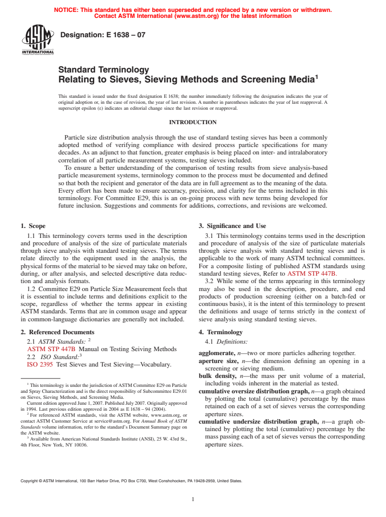 ASTM E1638-07 - Standard Terminology Relating to Sieves, Sieving Methods and Screening Media