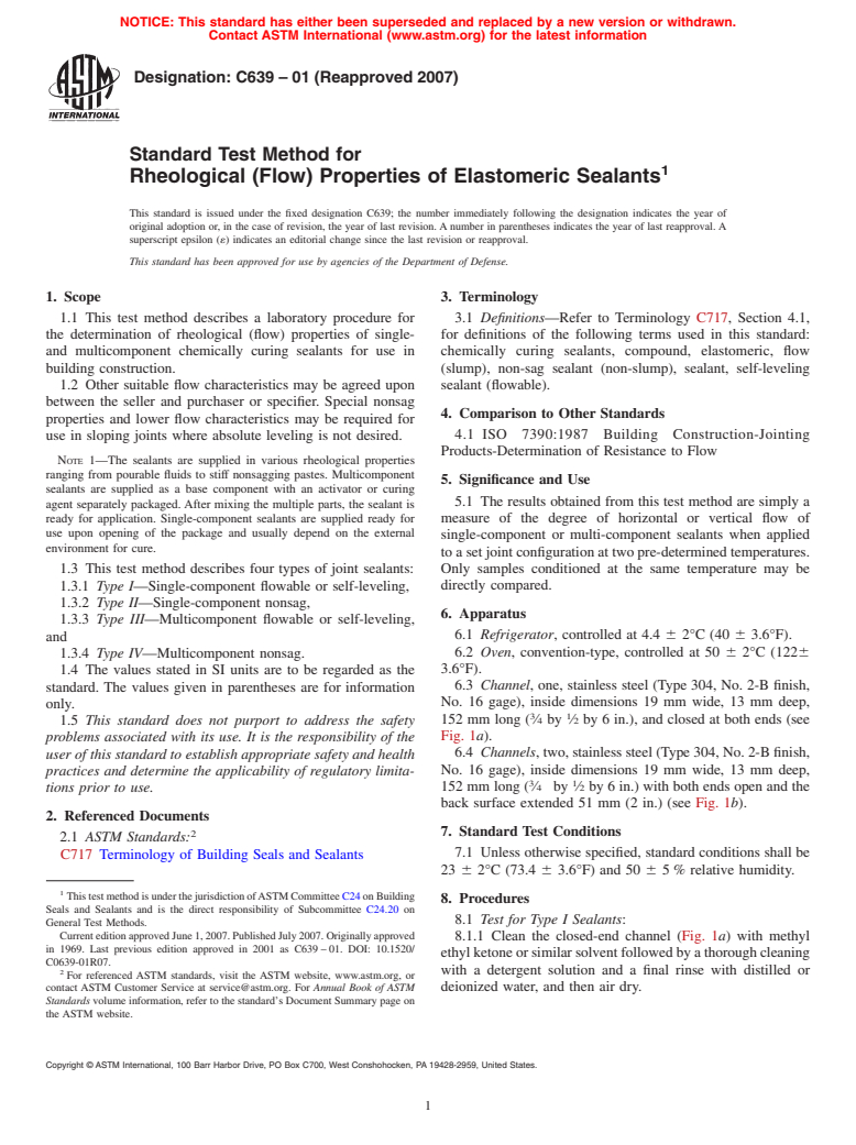 ASTM C639-01(2007) - Standard Test Method for Rheological (Flow) Properties of Elastomeric Sealants