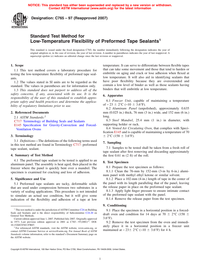 ASTM C765-97(2007) - Standard Test Method for Low-Temperature Flexibility of Preformed Tape Sealants