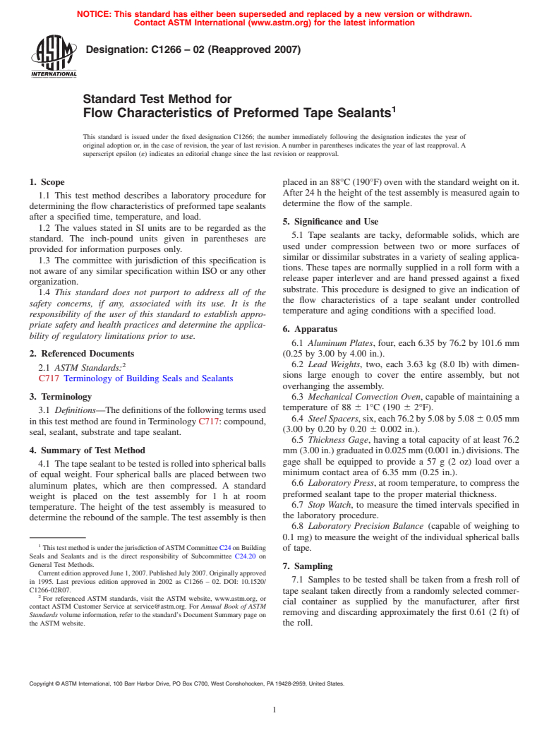 ASTM C1266-02(2007) - Standard Test Method for Flow Characteristics of Preformed Tape Sealants