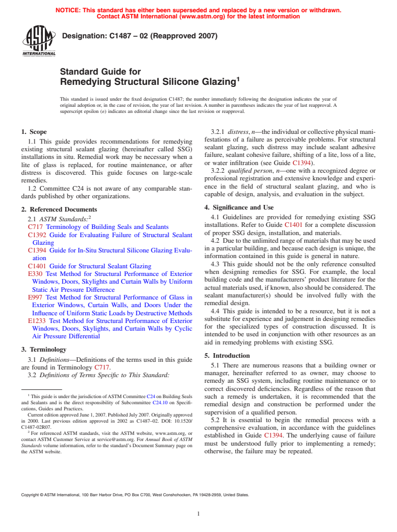 ASTM C1487-02(2007) - Standard Guide for Remedying Structural Silicone Glazing