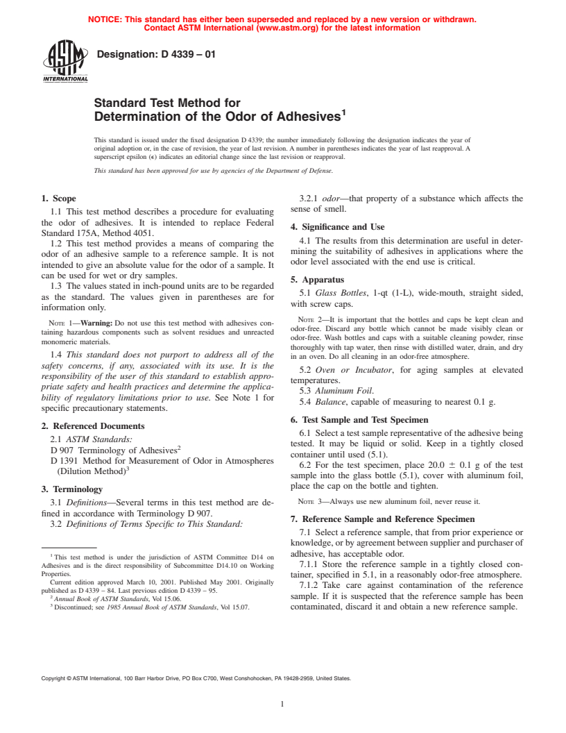 ASTM D4339-01 - Standard Test Method for Determination of the Odor of Adhesives