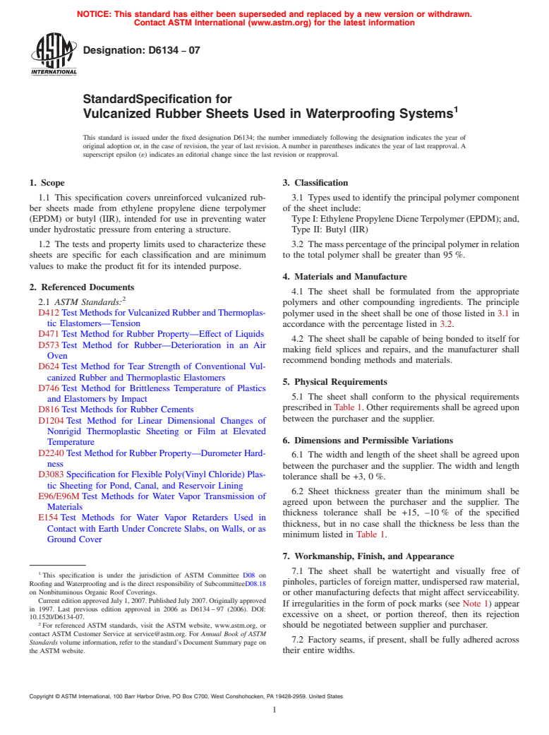 ASTM D6134-07 - Standard Specification for Vulcanized Rubber Sheets Used in Waterproofing Systems