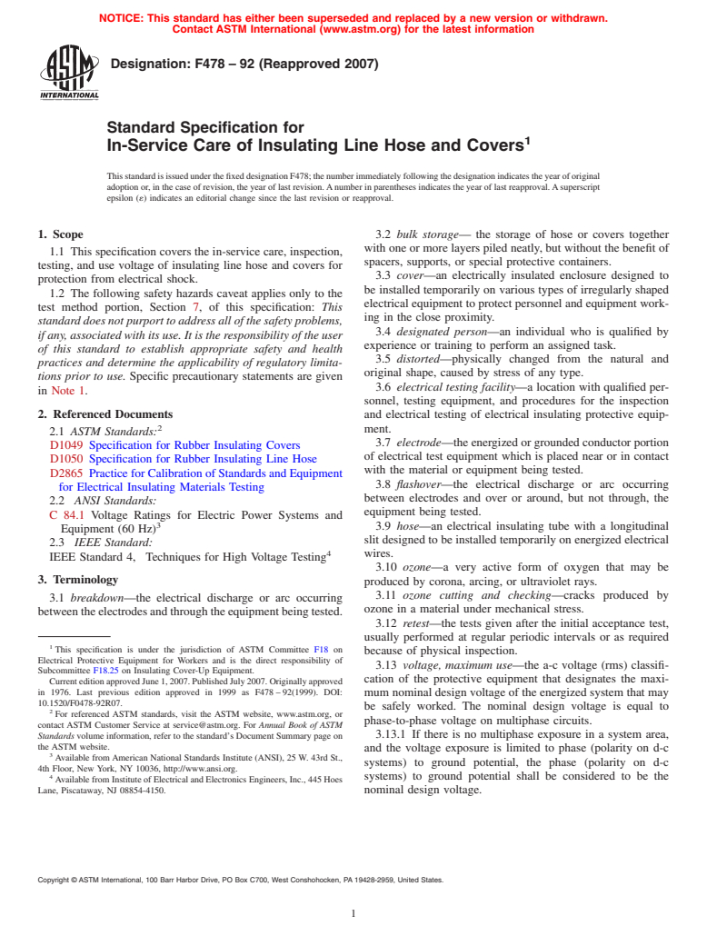 ASTM F478-92(2007) - Standard Specification for In-Service Care of Insulating Line Hose and Covers