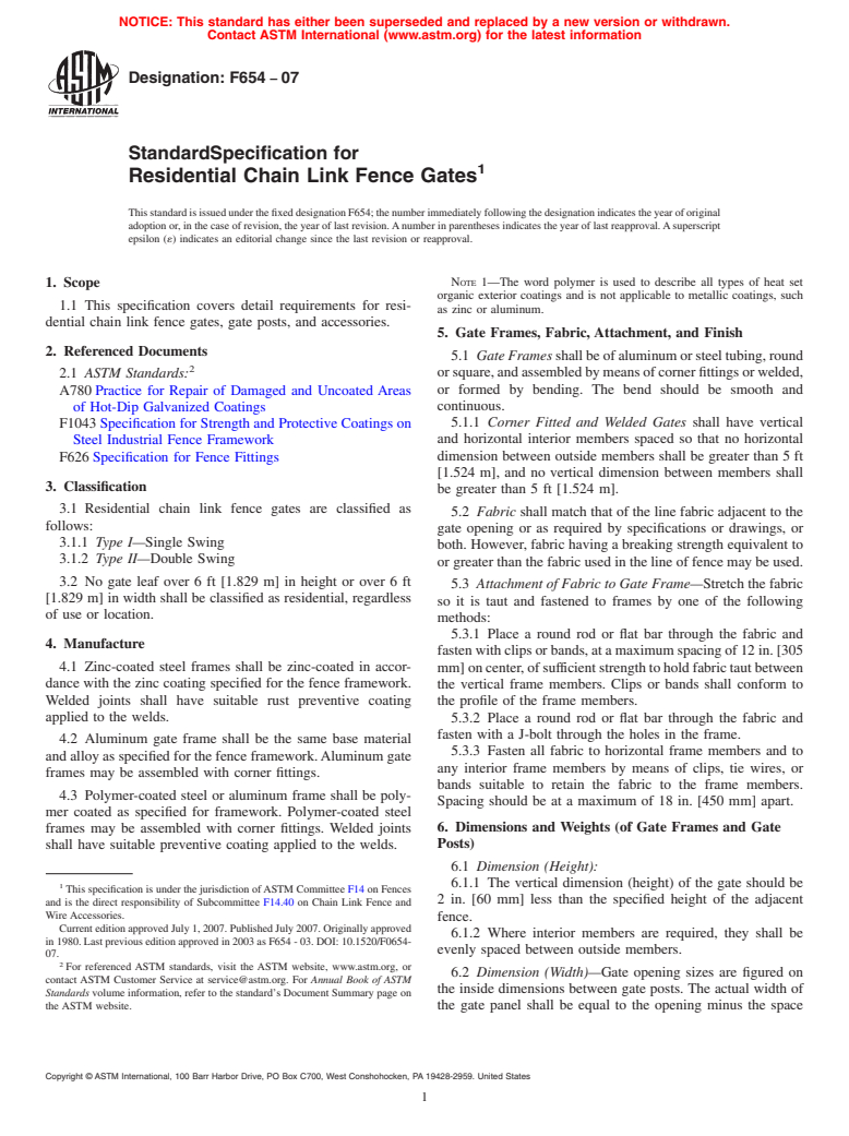 ASTM F654-07 - Standard Specification for Residential Chain Link Fence Gates