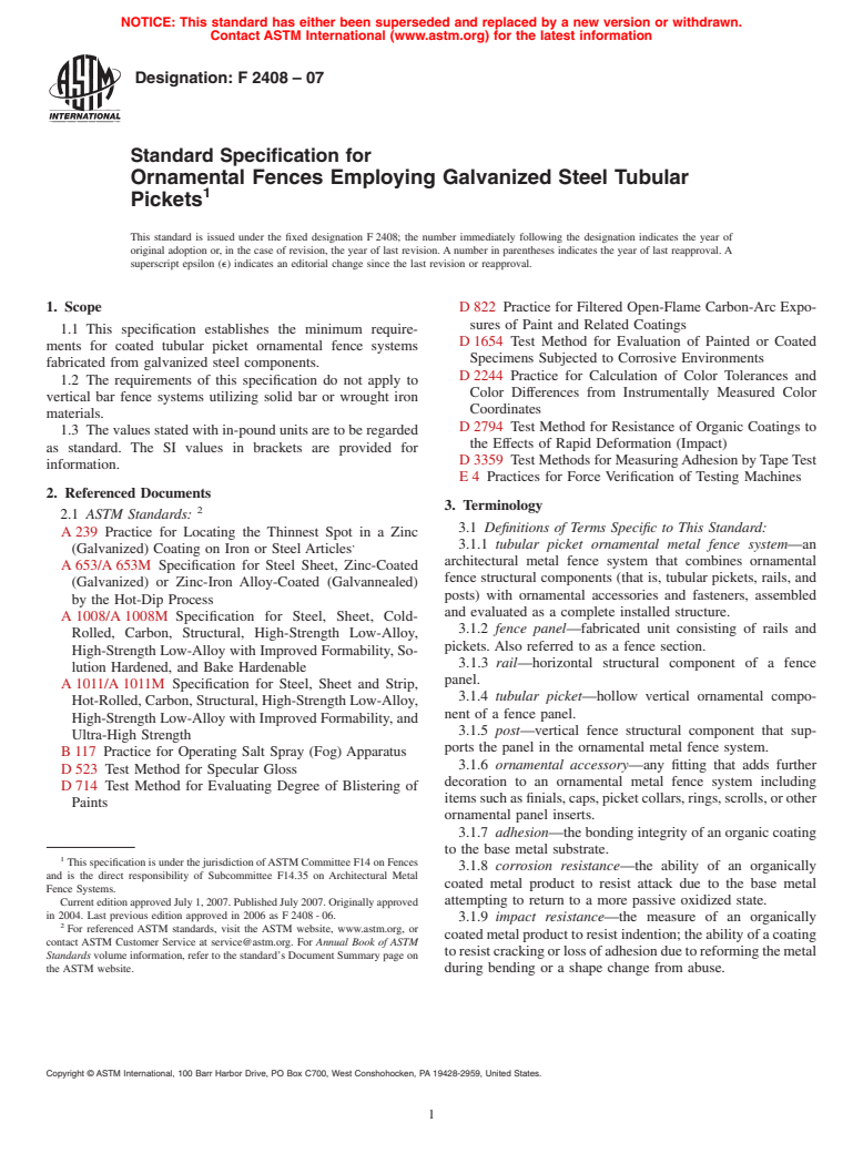 ASTM F2408-07 - Standard Specification for Ornamental Fences Employing Galvanized Steel Tubular Pickets