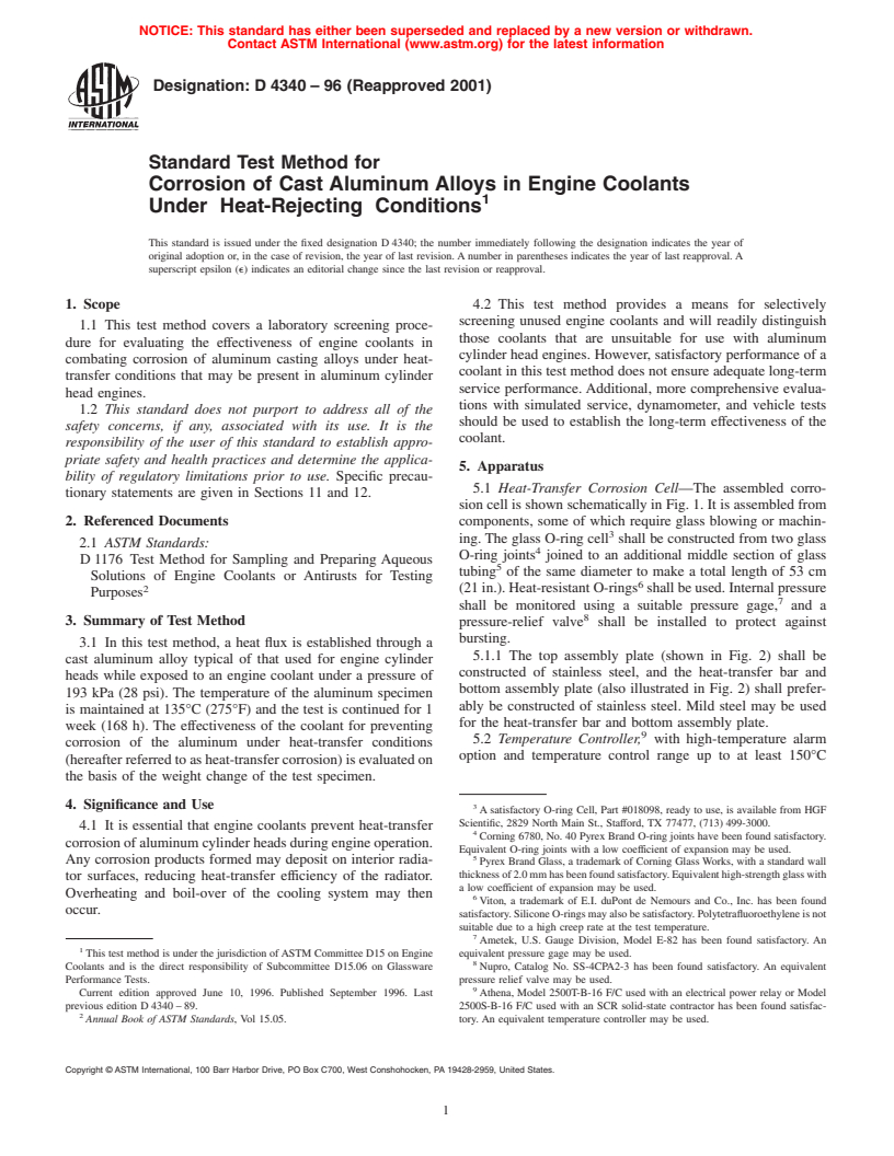 ASTM D4340-96(2001) - Standard Test Method for Corrosion of Cast Aluminum Alloys in Engine Coolants Under Heat-Rejecting Conditions