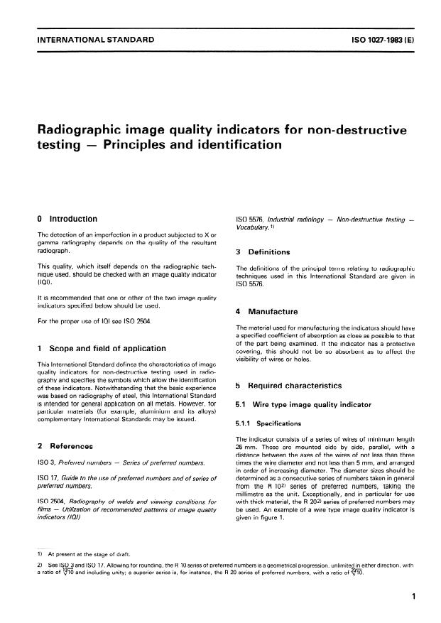 ISO 1027:1983 - Radiographic image quality indicators for non-destructive testing -- Principles and identification