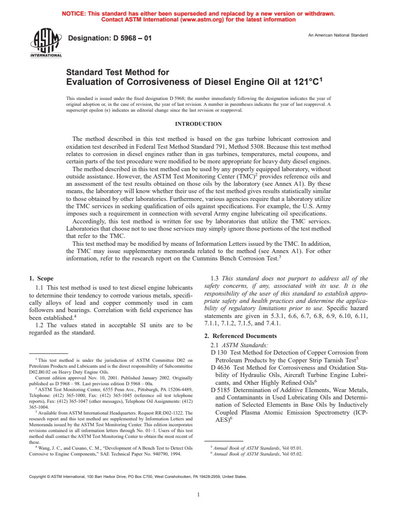 ASTM D5968-01 - Standard Test Method for Evaluation of Corrosiveness of Diesel Engine Oil at 121&#176;C