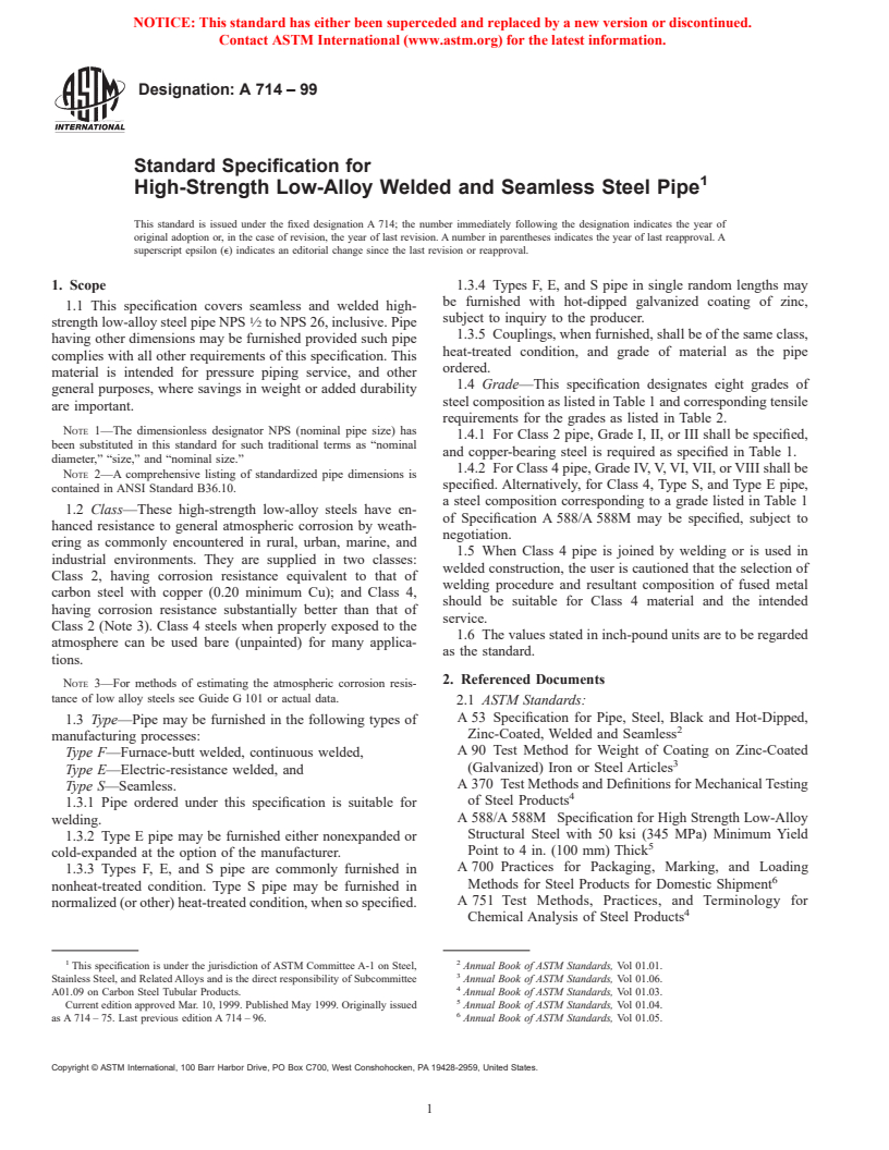 ASTM A714-99 - Standard Specification for High-Strength Low-Alloy Welded and Seamless Steel Pipe