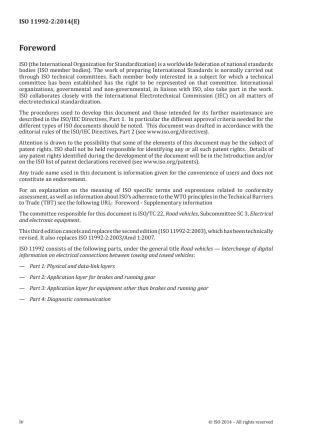 ISO 11992-2:2014 ISO 11992-2:2014 - Road vehicles -- Interchange of digital information on electrical connections between towing and towed vehicles - Page 4 preview