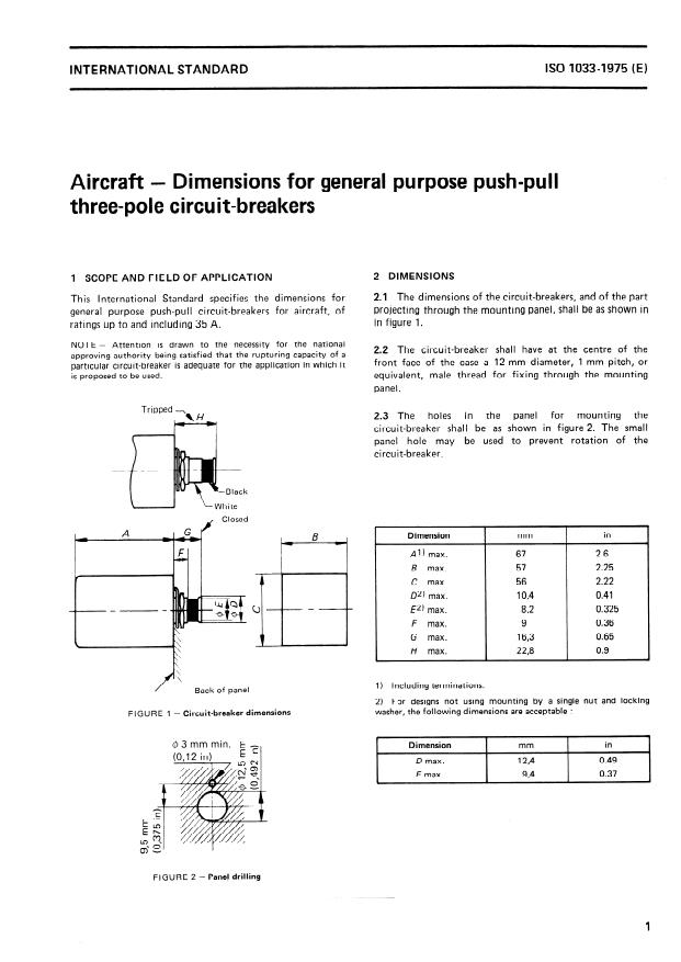 ISO 1033:1975 - Aircraft -- Dimensions for general purpose push-pull three-pole circuit-breakers