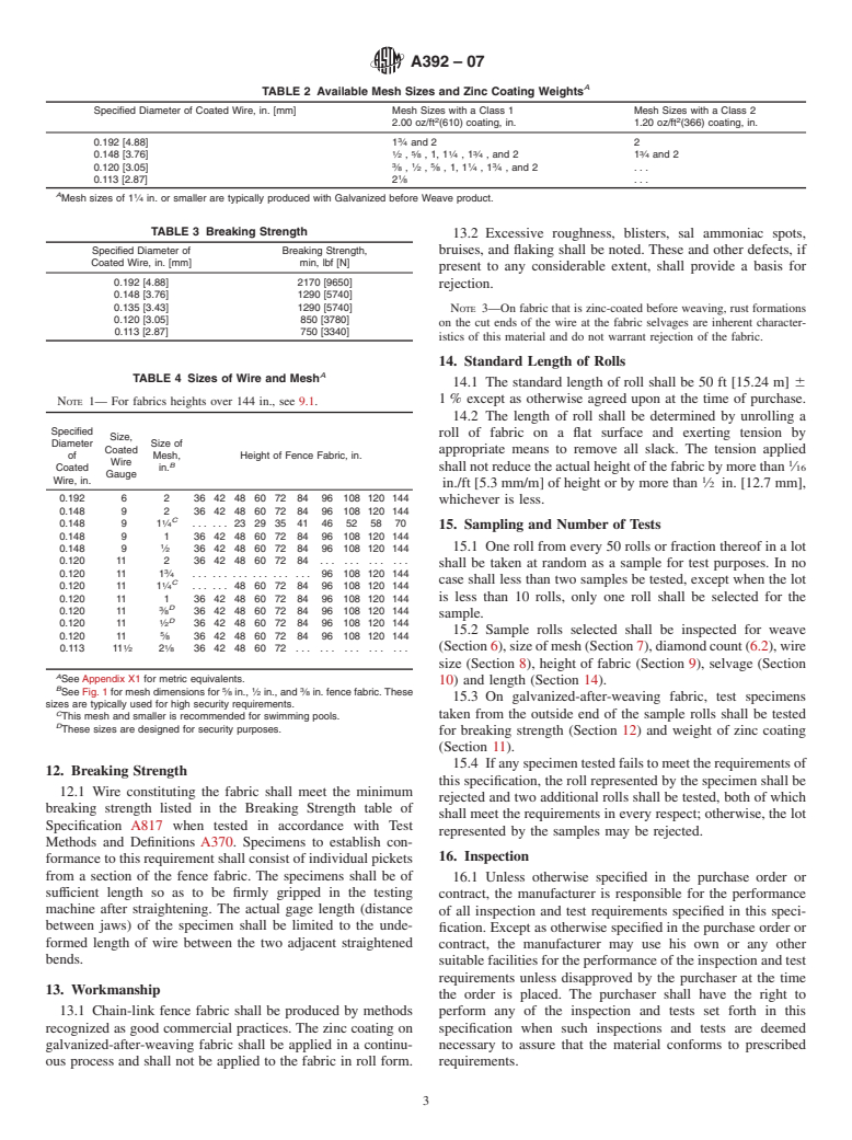 ASTM A392-07 - Standard Specification for Zinc-Coated Steel Chain-Link Fence Fabric