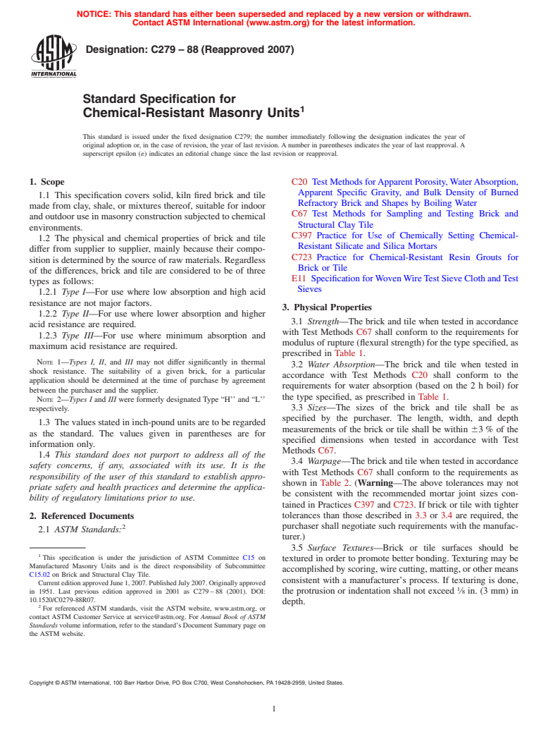 ASTM C279-88(2007) - Standard Specification for Chemical-Resistant Masonry Units