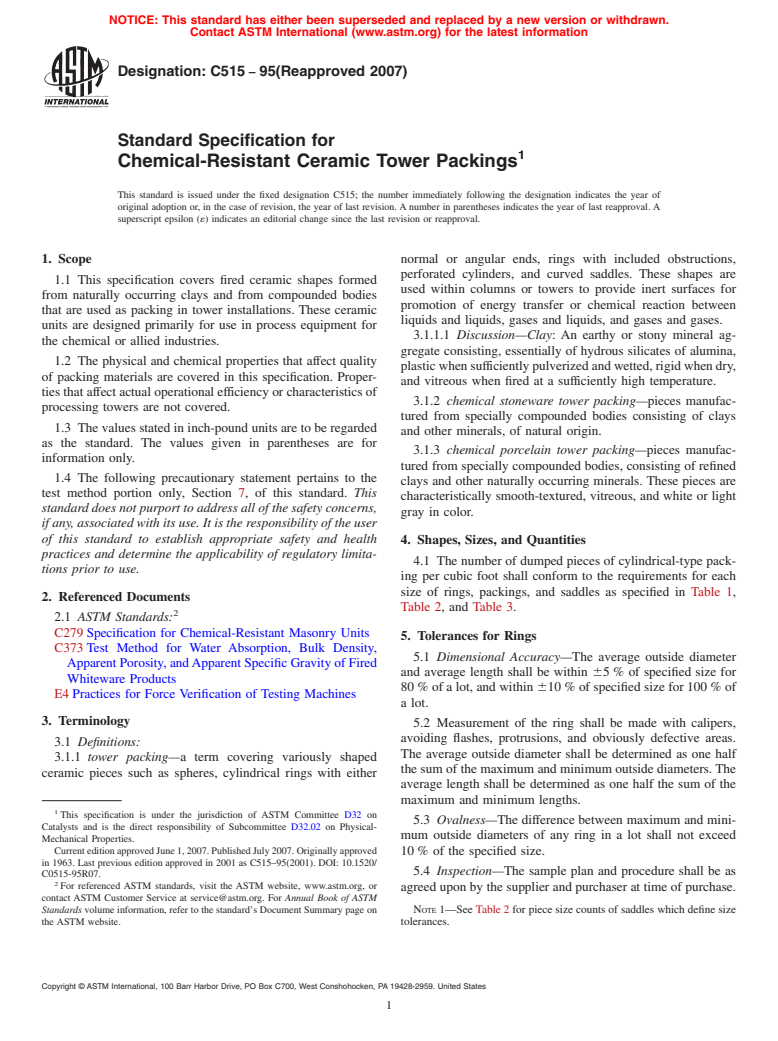 ASTM C515-95(2007) - Standard Specification for Chemical-Resistant Ceramic Tower Packings