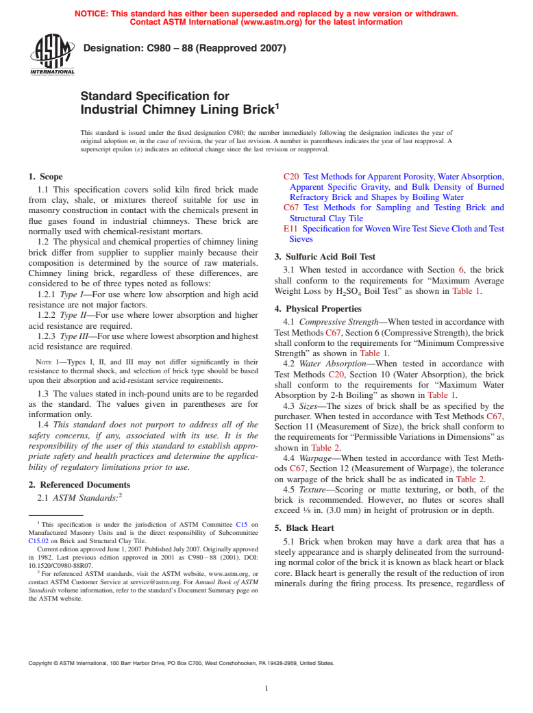 ASTM C980-88(2007) - Standard Specification for Industrial Chimney Lining Brick