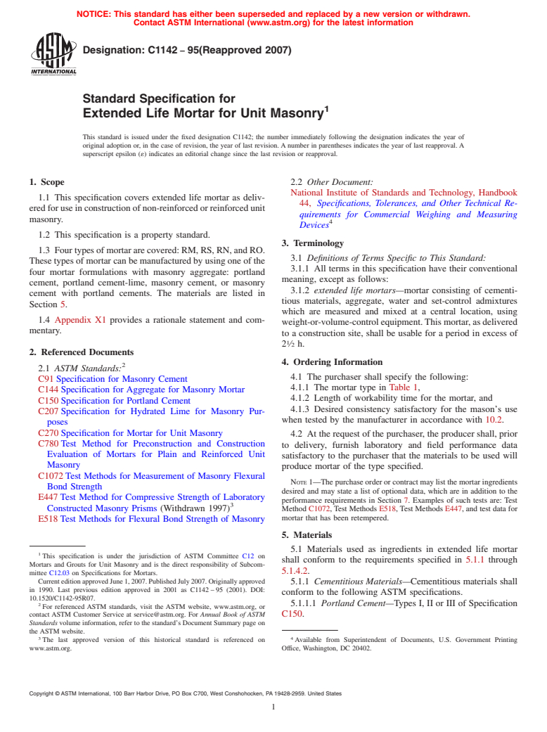 ASTM C1142-95(2007) - Standard Specification for Extended Life Mortar for Unit Masonry