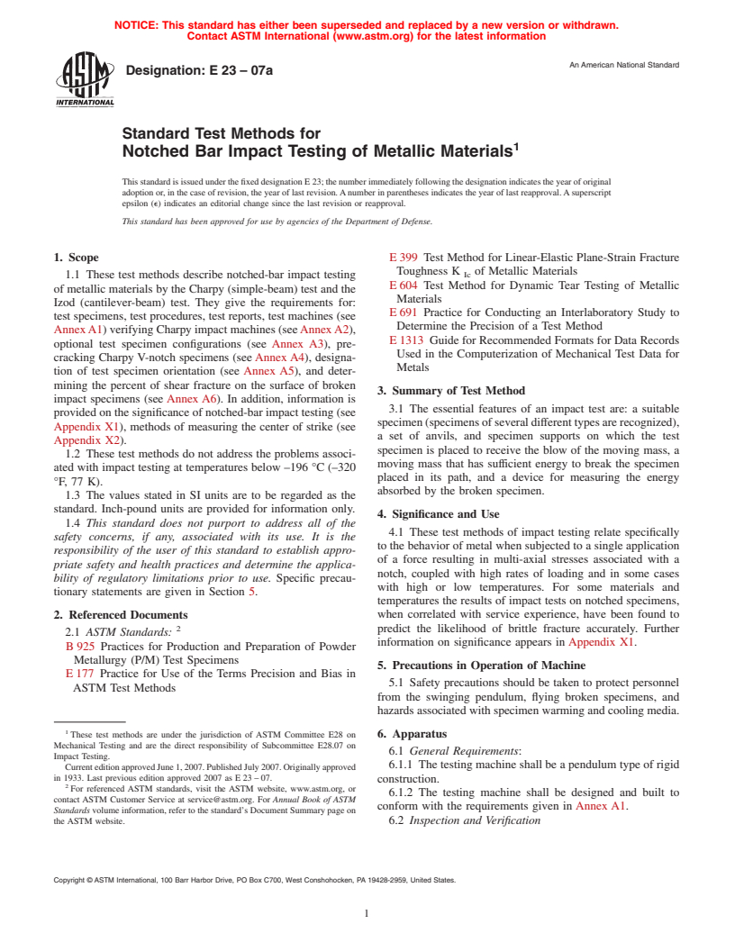 ASTM E23-07a - Standard Test Methods for Notched Bar Impact Testing of Metallic Materials