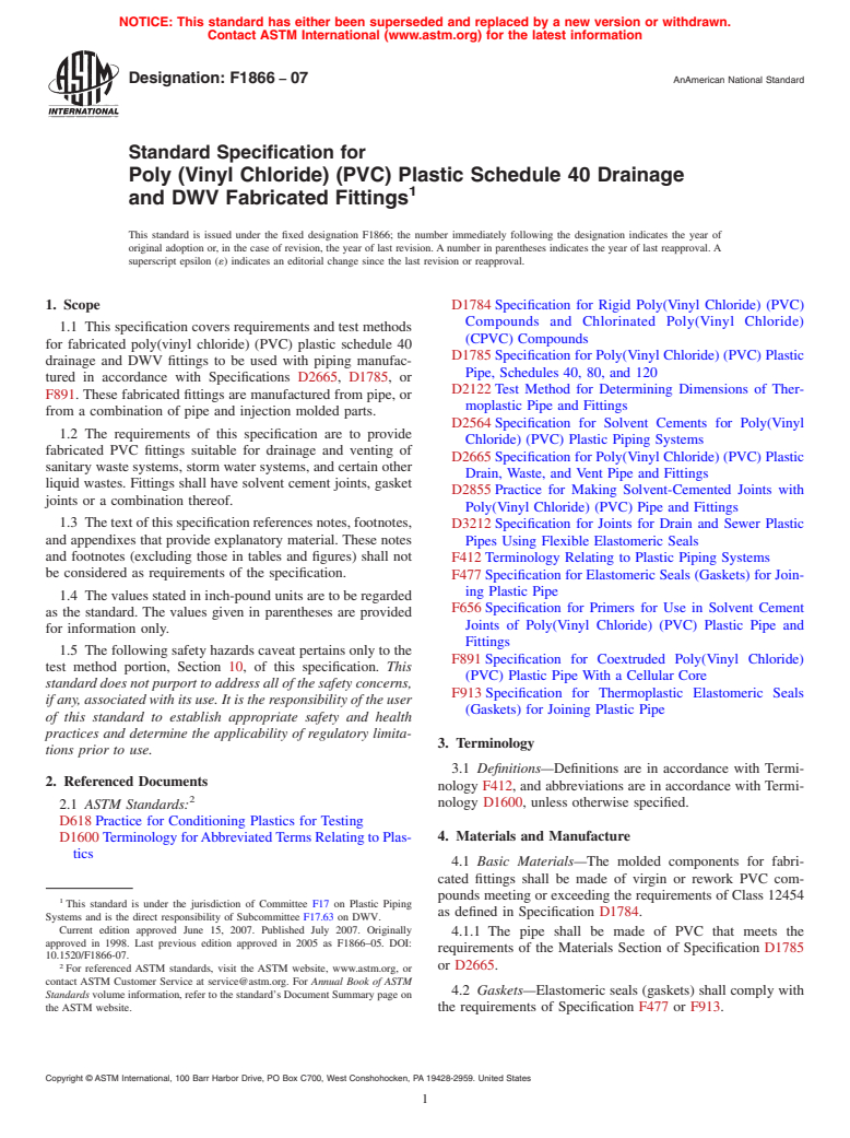 ASTM F1866-07 - Standard Specification for Poly (Vinyl Chloride) (PVC) Plastic Schedule 40 Drainage and DWV Fabricated Fittings