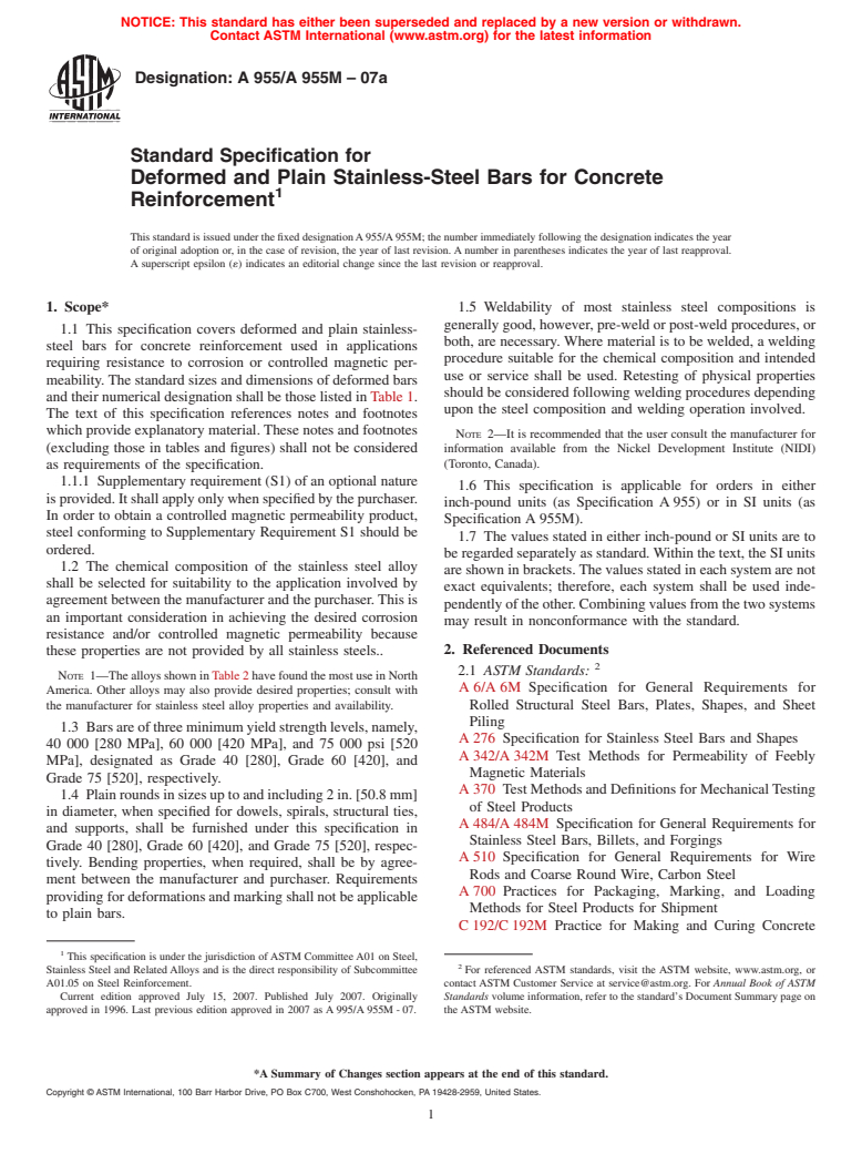 ASTM A955/A955M-07a - Standard Specification for Deformed and Plain Stainless-Steel Bars for Concrete Reinforcement