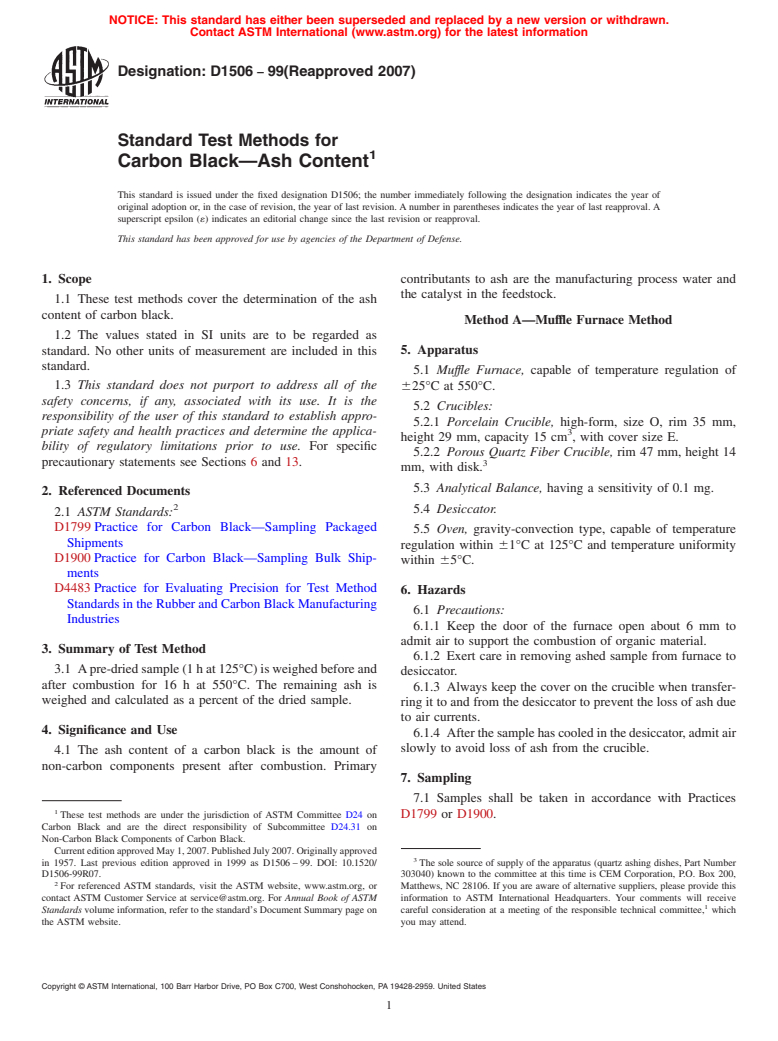 ASTM D1506-99(2007) - Standard Test Methods for Carbon Black-Ash Content