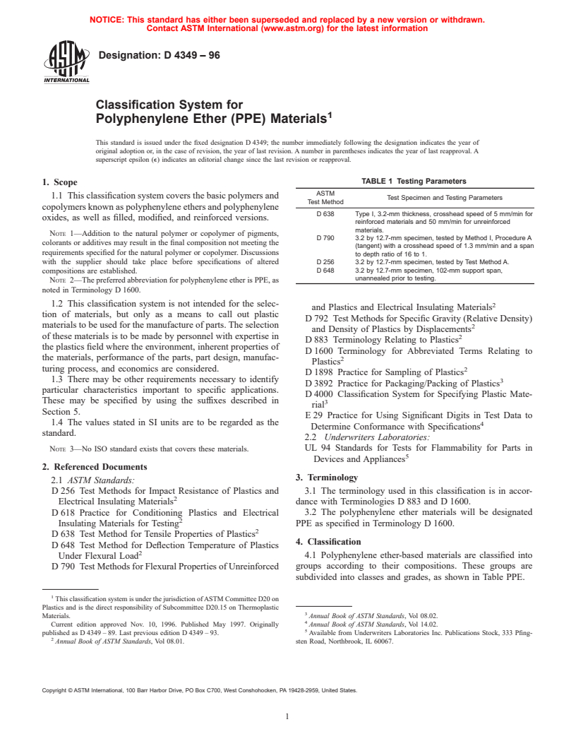 ASTM D4349-96 - Standard Classification System for Polyphenylene Ether (PPE) Materials