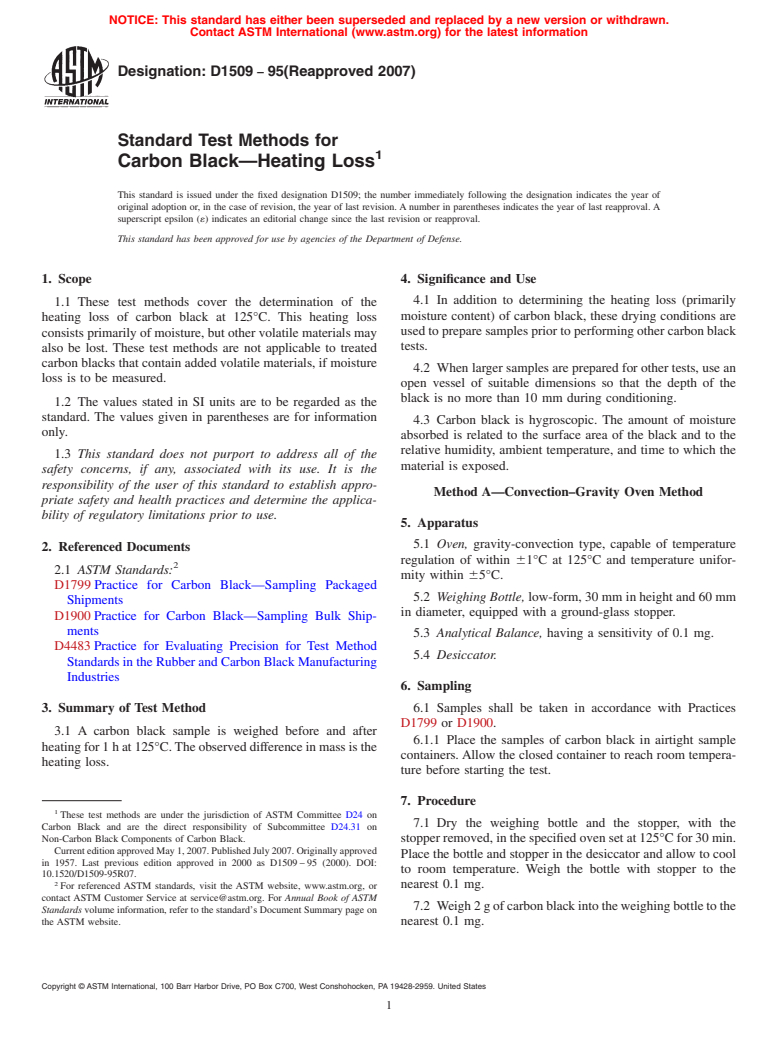 ASTM D1509-95(2007) - Standard Test Methods for Carbon Black-Heating Loss