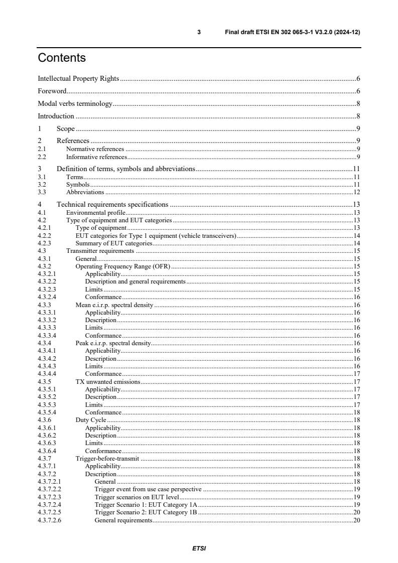 ETSI EN 302 065-3-1 V3.2.0 (2024-12) - Short Range Devices (SRD) using Ultra Wide Band technology (UWB); Harmonised standard for access to radio spectrum; Part 3: UWB devices installed in motor and railway vehicles; Sub-part 1:Requirements for UWB devices for vehicular access systems within 3,8 GHz to 4,2 GHz or 6 GHz to 8,5 GHz