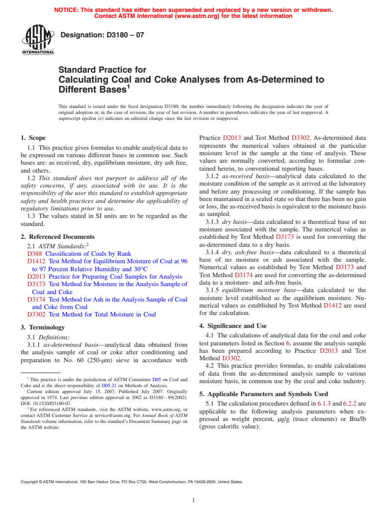 ASTM D3180-07 - Standard Practice for Calculating Coal and Coke Analyses from As-Determined to Different Bases