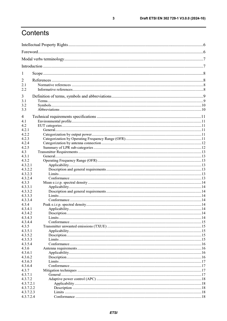 ETSI EN 302 729-1 V3.0.0 (2024-10) - Short Range Devices (SRD) using Ultra Wide Band technology (UWB); Harmonised standard for access to radio spectrum; Part 1: Level Probing Radar (LPR) equipment operating in the frequency ranges 6Â GHz to 8,5Â GHz, 24,05Â GHz to 26,5Â GHz, 57Â GHz to 64Â GHz, 75Â GHz to 85Â GHz for strictly vertical downward installation