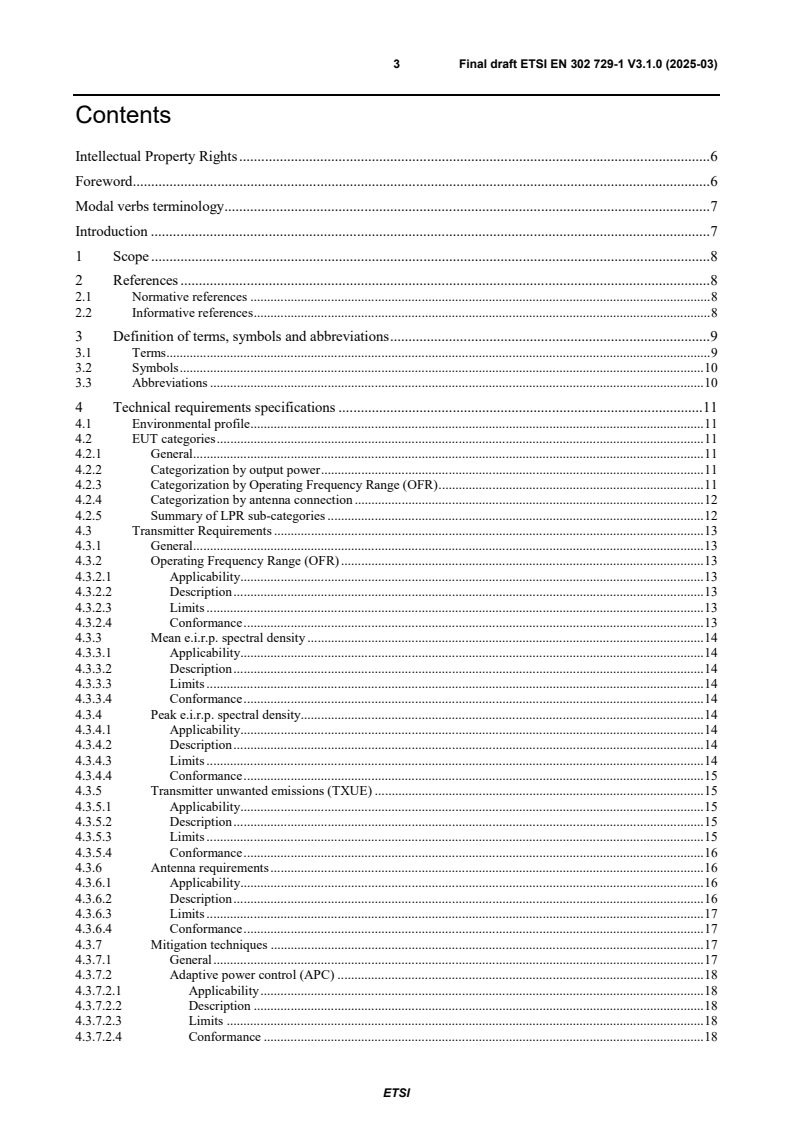 ETSI EN 302 729-1 V3.1.0 (2025-03) - Short Range Devices (SRD) using Ultra Wide Band technology (UWB); Harmonised standard for access to radio spectrum; Part 1: Level Probing Radar (LPR) equipment operating in the frequency ranges 6Â GHz to 8,5Â GHz, 24,05Â GHz to 26,5Â GHz, 57Â GHz to 64Â GHz, 75Â GHz to 85Â GHz for strictly vertical downward installation