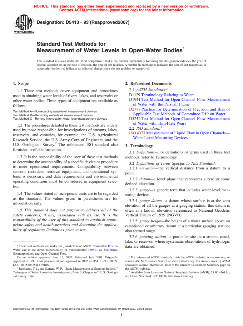 ASTM D5413-93(2007) - Standard Test Methods for Measurement of Water Levels in Open-Water Bodies