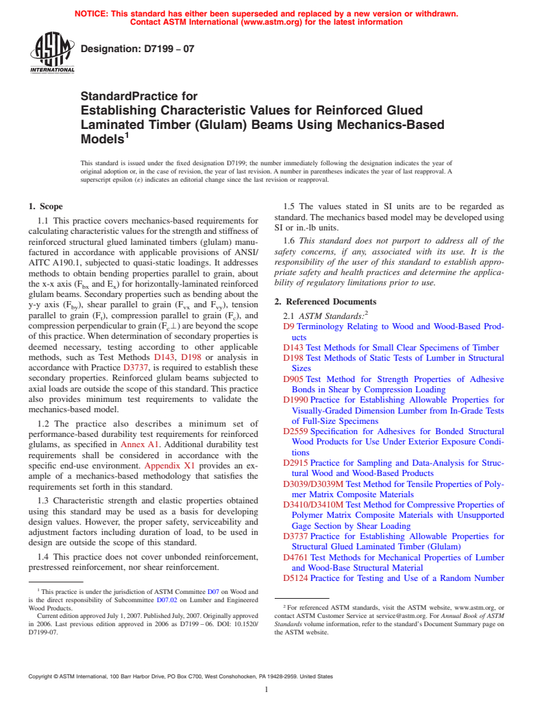 ASTM D7199-07 - Standard Practice for Establishing Characteristic Values for Reinforced Glued Laminated Timber (Glulam) Beams Using Mechanics-Based Models