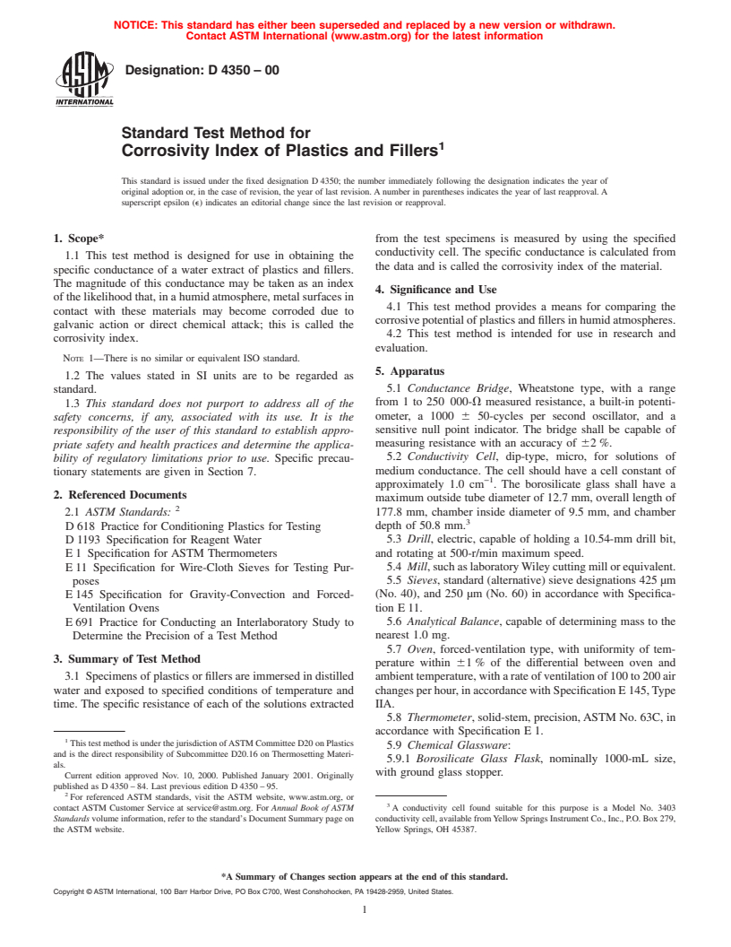 ASTM D4350-00 - Standard Test Method for Corrosivity Index of Plastics and Fillers