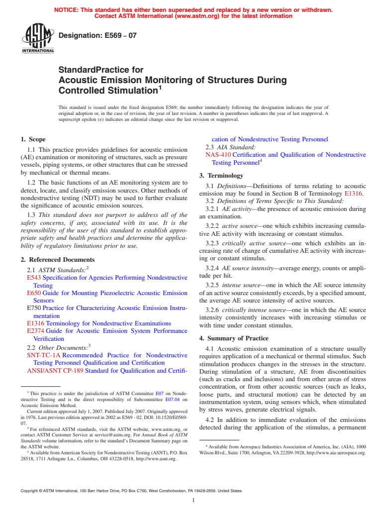 ASTM E569-07 - Standard Practice for Acoustic Emission Monitoring of Structures During Controlled Stimulation