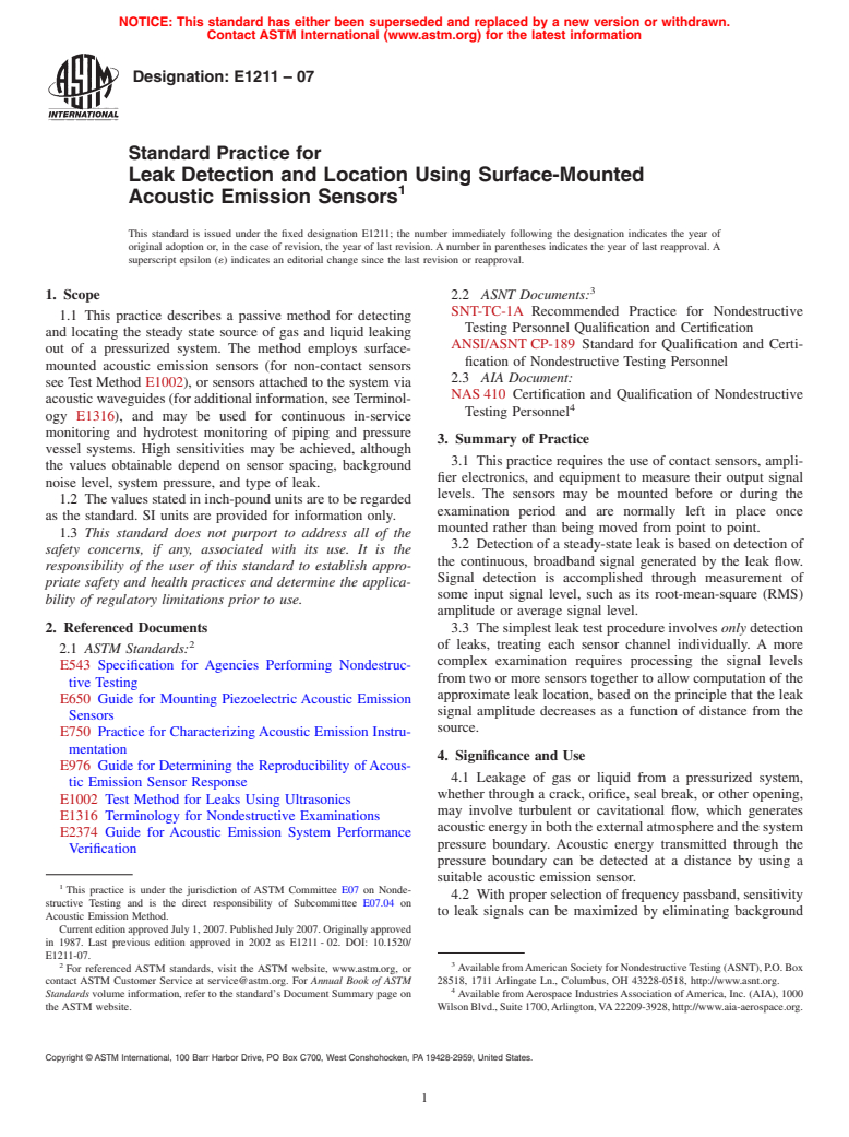 ASTM E1211-07 - Standard Practice for Leak Detection and Location Using Surface-Mounted Acoustic Emission Sensors