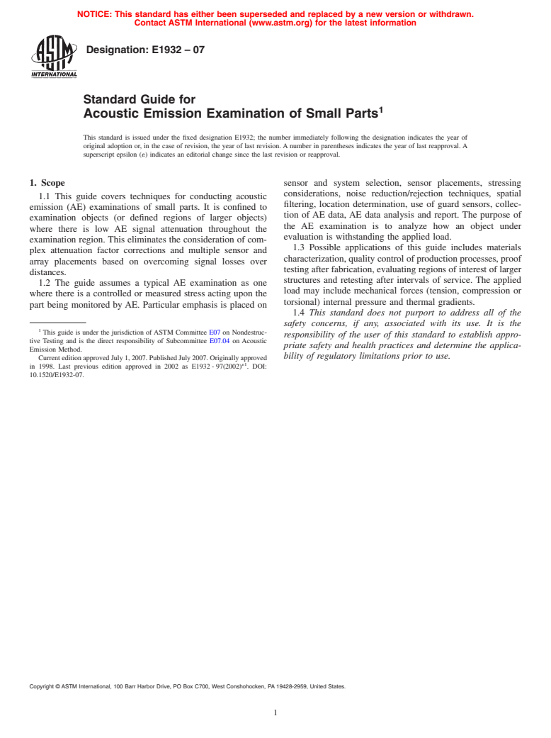 ASTM E1932-07 - Standard Guide for Acoustic Emission Examination of Small Parts