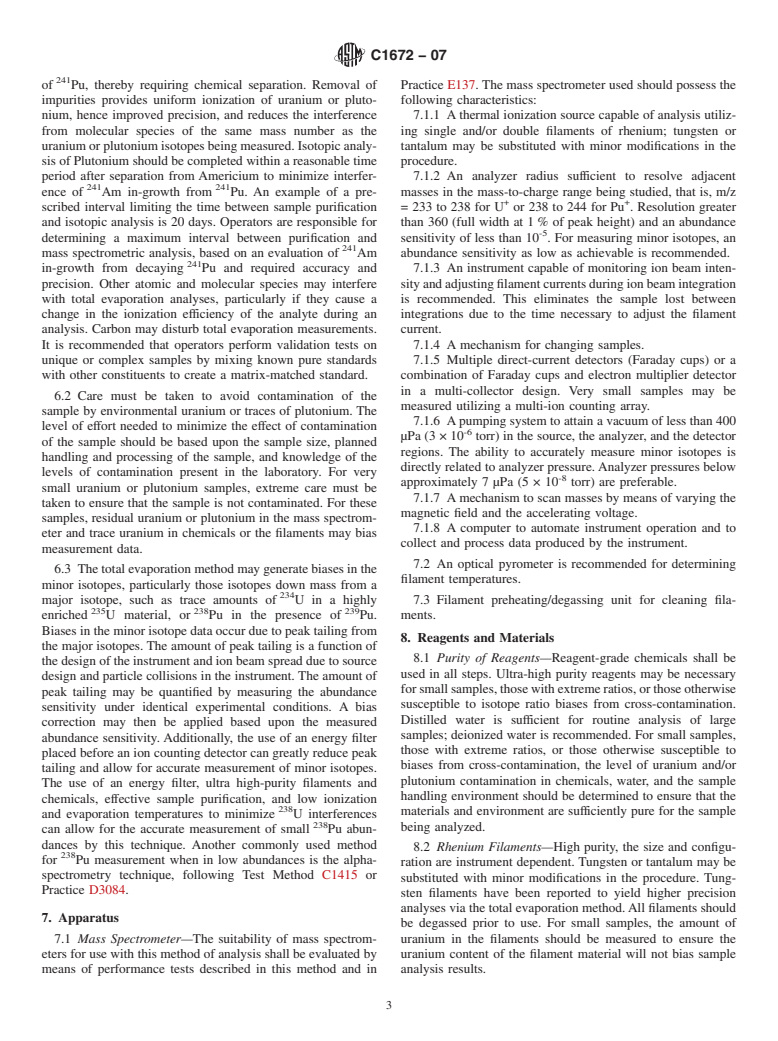 ASTM C1672-07 - Standard Test Method for Determination of Uranium or Plutonium Isotopic Composition or Concentration by the Total Evaporation Method Using a Thermal Ionization Mass Spectrometer