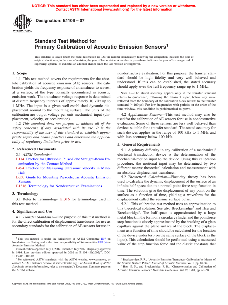 ASTM E1106-07 - Standard Test Method for Primary Calibration of Acoustic Emission Sensors