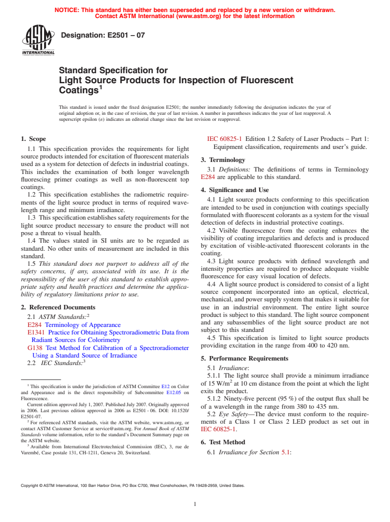 ASTM E2501-07 - Standard Specification for Light Source Products for Inspection of Fluorescent Coatings